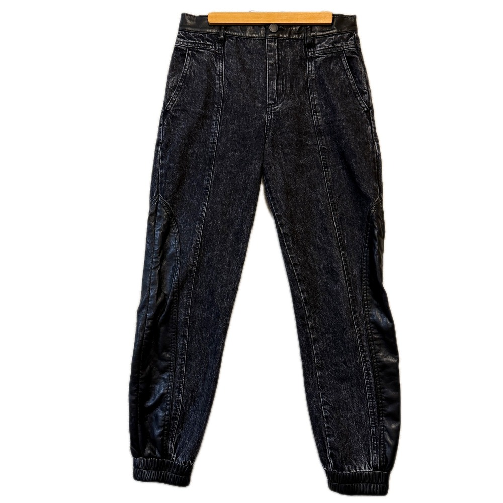 ALICE + OLIVIA Jogger Womens 26 Jenny Vegan LTR Acid Black Denim Faux Leather